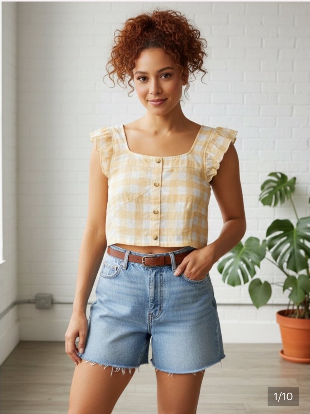 Rebellion Yellow Gingham Ruffle-Sleeve Crop Top